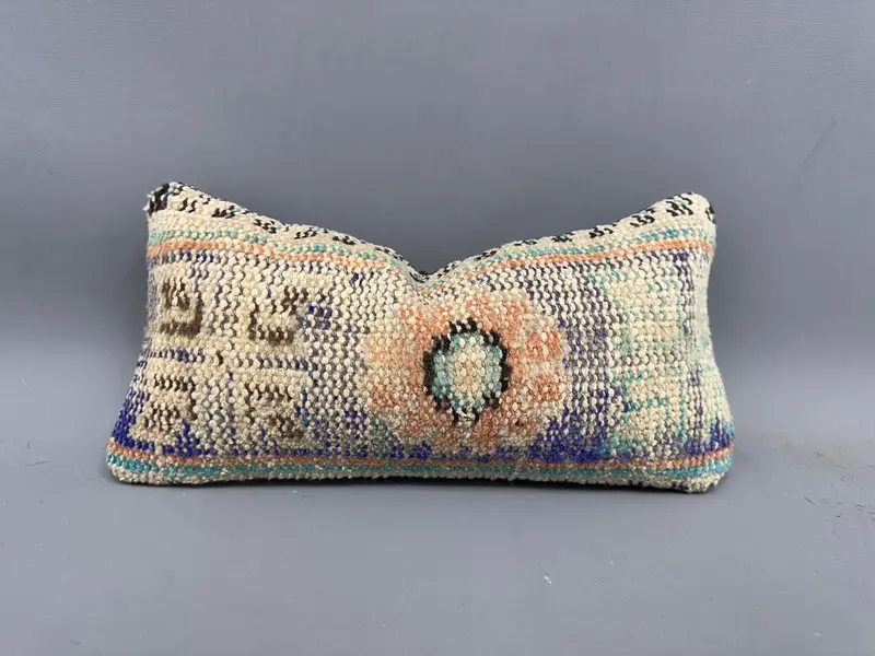 Cushion Case, Turkish Corner Cushion Cover, Kilim Cushion Sham, Cozy Throw Pillow Sham, 8x16 Blue Pillow, Kilim Pillow Cover, Handmade Kilim Cushion - 1