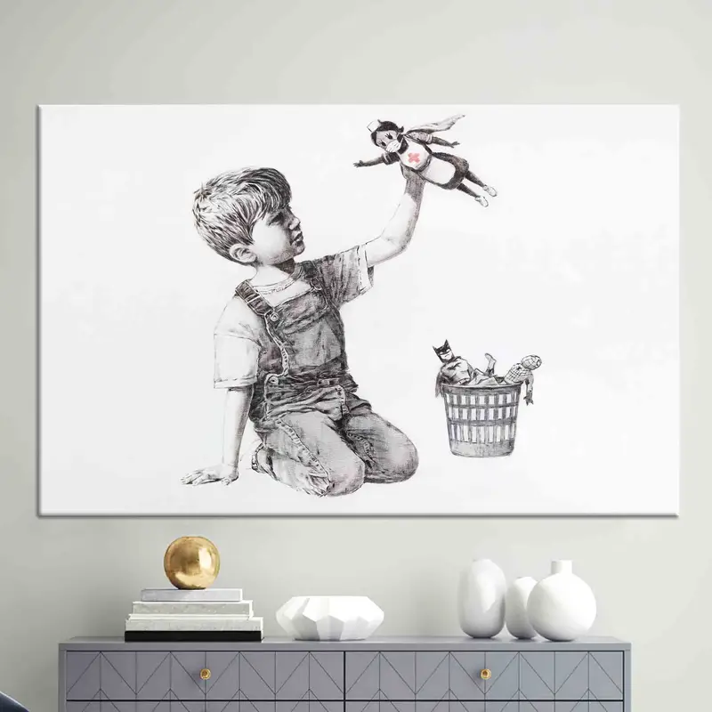 キャンバスプリント：バンクシースーパーヒーローアート、ブラック＆ホワイト