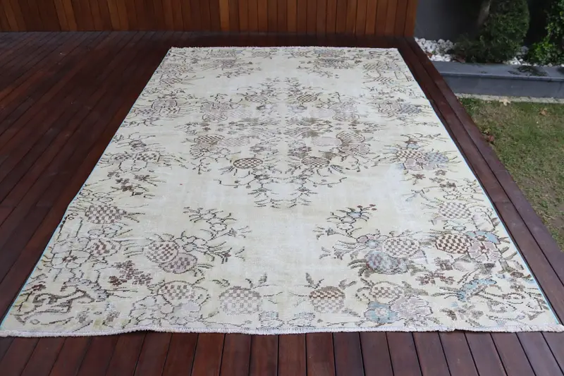 6.6x9.9 ft Halı, Türk Vintage Halısı, Beyaz Oushak Yün Halısı - 1
