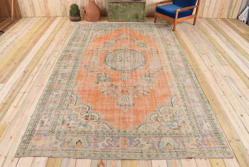 7.2x11.9 フィート オレンジ & ブルー ラグ、アニマル プリント デザイン