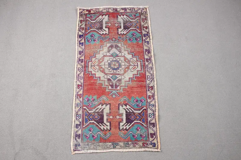 Vintage Rug, 1.6x3.1 ft Turkish Rug, Red Blue Solid Wool Rug - 1