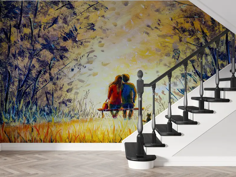 3d Wall Paper,Wall Paper Peel and Stick,Modern Wall Paper,Couple Sitting Under Trees Painting,Gift for Lovers Wall Poster, - 5