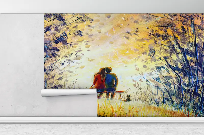 3d Wall Paper,Wall Paper Peel and Stick,Modern Wall Paper,Couple Sitting Under Trees Painting,Gift for Lovers Wall Poster, - 1