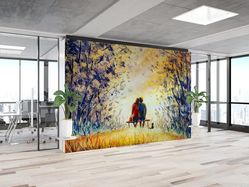 3d Wall Paper,Wall Paper Peel and Stick,Modern Wall Paper,Couple Sitting Under Trees Painting,Gift for Lovers Wall Poster, - 2