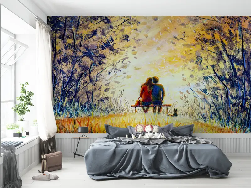 3d Wall Paper,Wall Paper Peel and Stick,Modern Wall Paper,Couple Sitting Under Trees Painting,Gift for Lovers Wall Poster, - 3