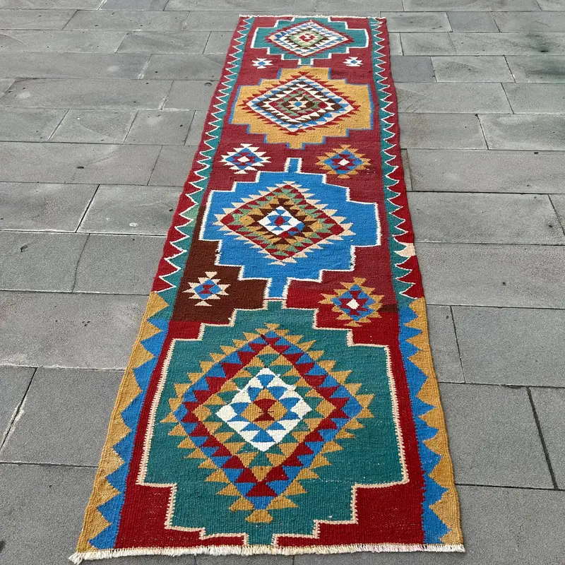 Red & Beige Rug, 2.9x10.3 ft Plant & Tree Pattern