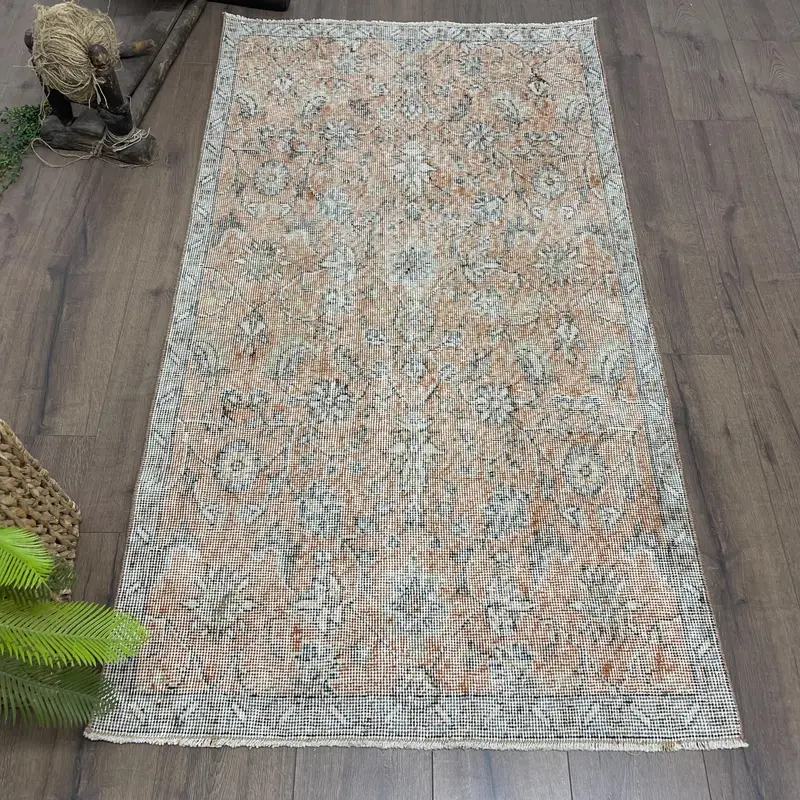 ヴィンテージ トルコ ラグ 3x5.5 フィート (91x168 cm)、Oushak ブラウン ホワイト アブストラクト ラグ - 1