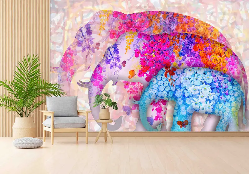 Papel pintado moderno con elefante floral: decoración estampada colorida y moderna