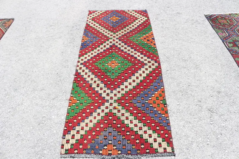 2.5x6.2 ft Turkish Accent Rug, Red Green Vintage Southwestern Wool Rug - 1