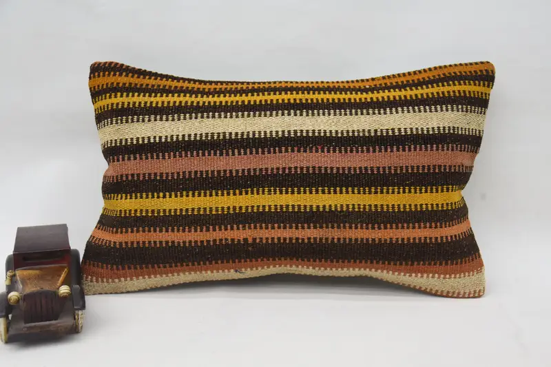 Brown Turkish Pillowcase, Moroccan 30x50 cm Pillow Case, Striped Porch Cushion - 1