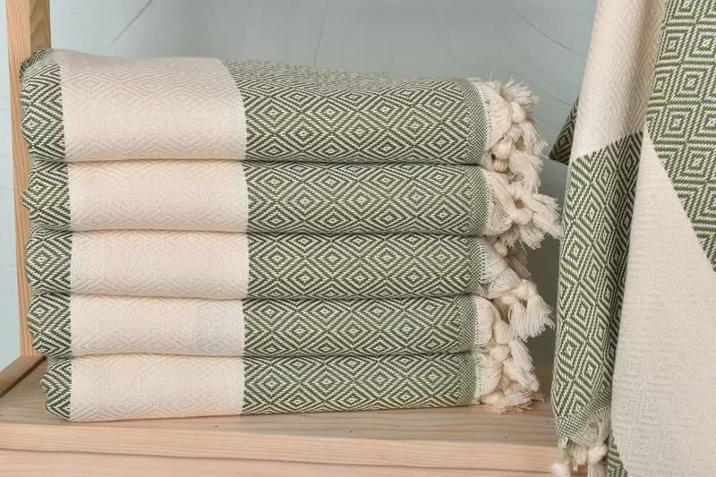 Personalized Olive Green Diamond Towel, Organic Cotton/Linen, 40x71 Inches