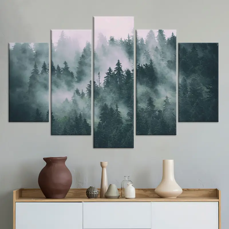 Büyüleyici Puslu Dağ Orman Manzarası Baskılı Kanvas Tablo