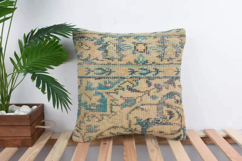 Cushion Case, Bright Pillow Cover, Turkish Bench Pillow Cover, Gift Pillow, Interior Designer Pillow, Boho Pillow, 18x18 Beige Pillow - 1