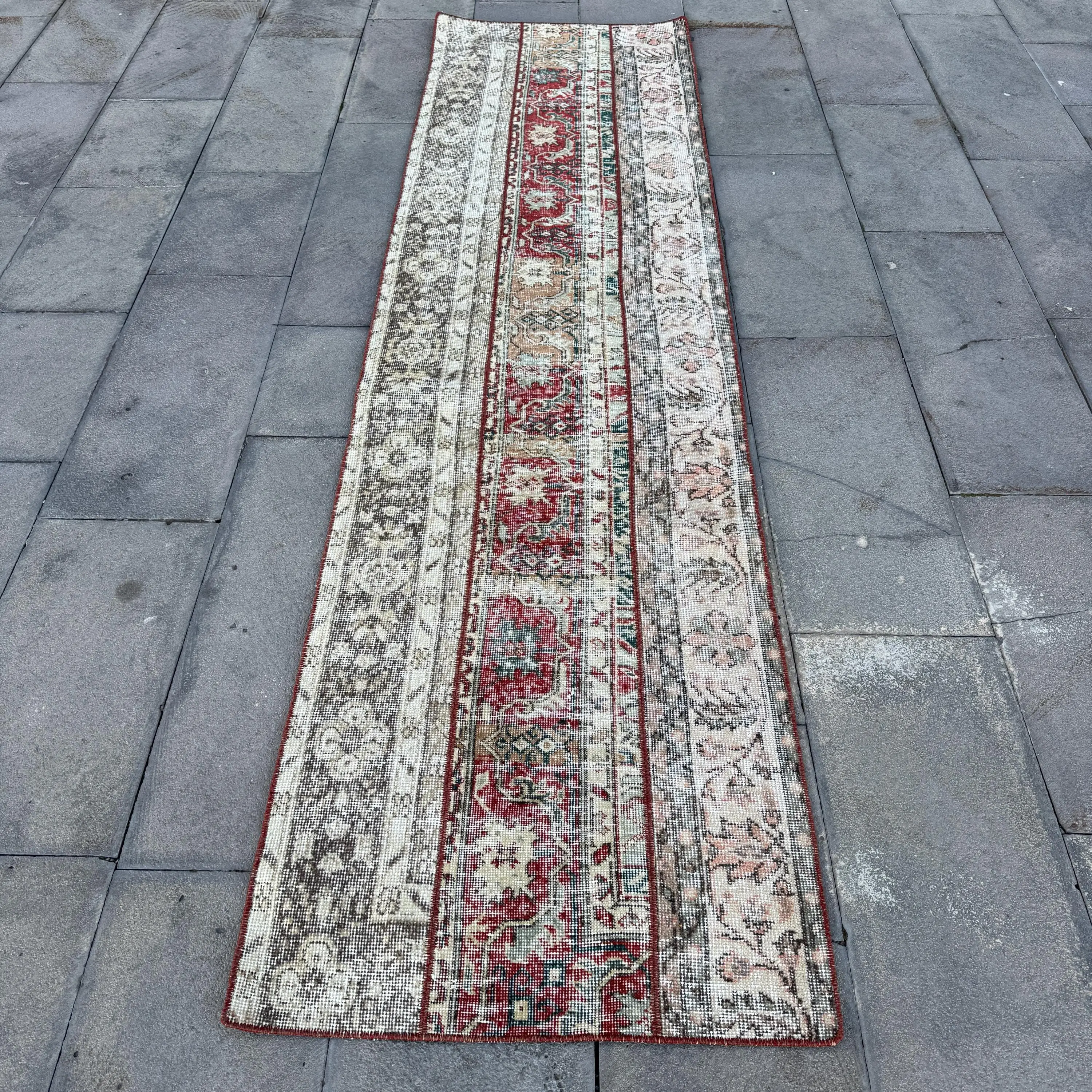 Vintage Rug, 2.3x8.8 ft Turkish Rug, Red White Ombré Wool Rug - 1