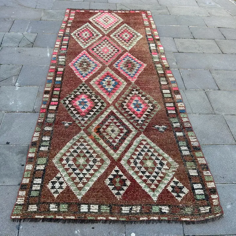 Turkish Rug, 3.7x8.8 ft Area Rug, Brown Striped Wool Vintage Rug - 1