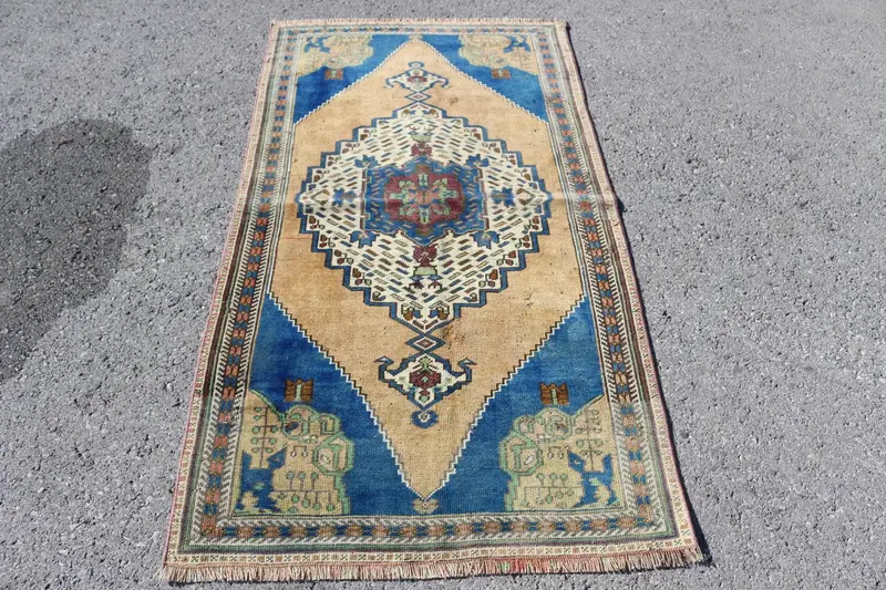 Türk Vurgulu Halı, 3.2x5.9 ft Vintage Halı, Mavi Oushak Yün Halı - 1