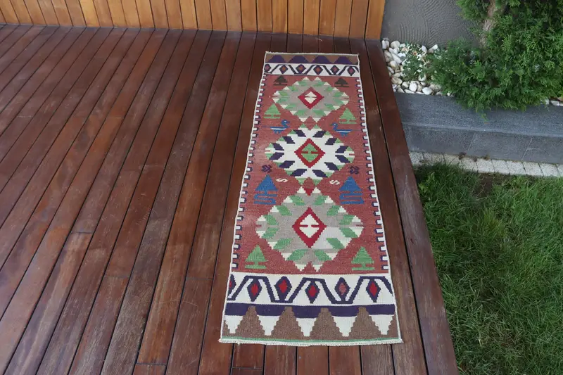 1.7x5.7 ft Runner Vintage Rug, Turkish Rug, Red Blue Abstract Wool Rug - 1