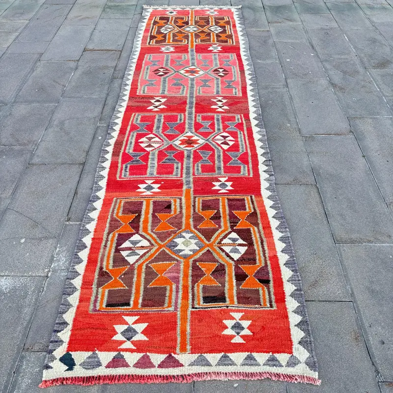 Kırmızı Oryantal Halı, 3,1x11,3 ft Zarif Dekor