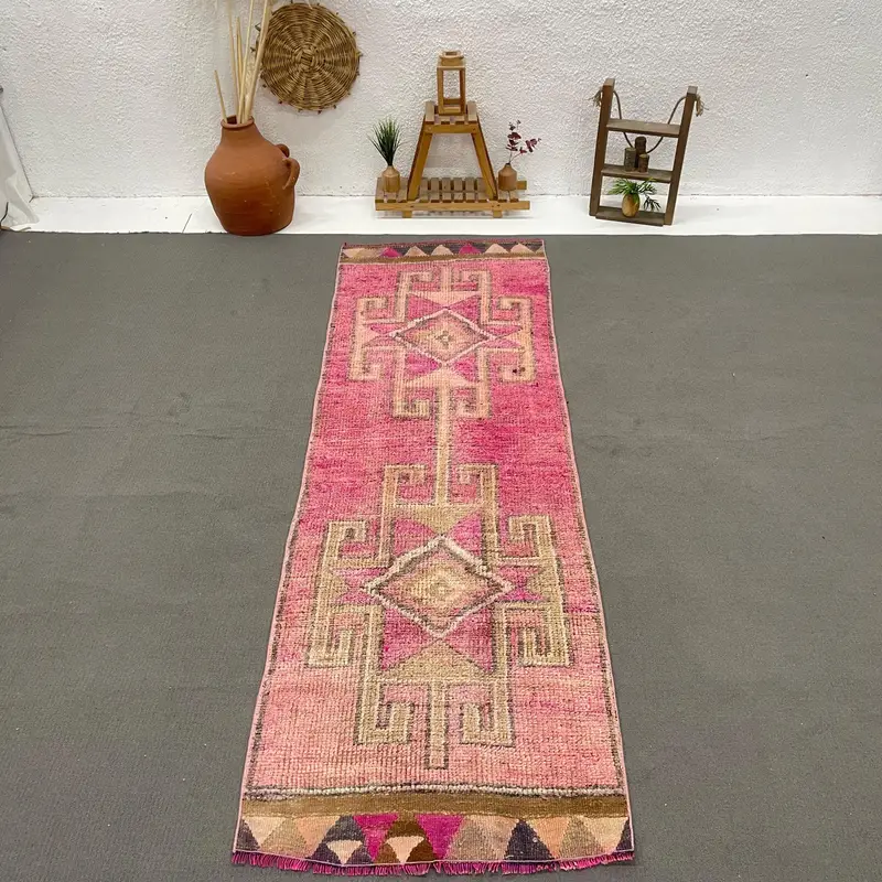 Vintage Runner Halı 3x9,8 ft, Pembe Puantiyeli Türk Yün Halısı - 1
