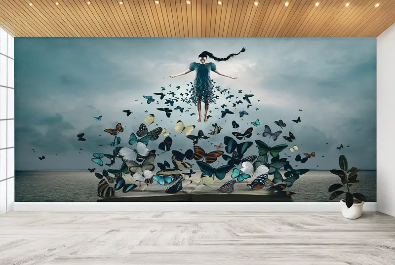 Zarif Baskılı Duvar Kağıdı: Soyut Kadın ve Kelebekler Tasarımı