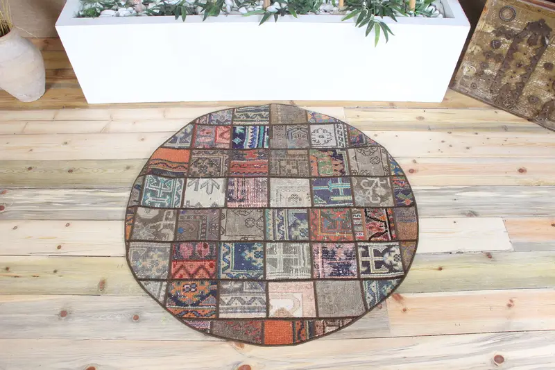 Vintage 3.4x3.4 ft Rug, Patchwork Turkish Rug, Brown Floral Rug Wool