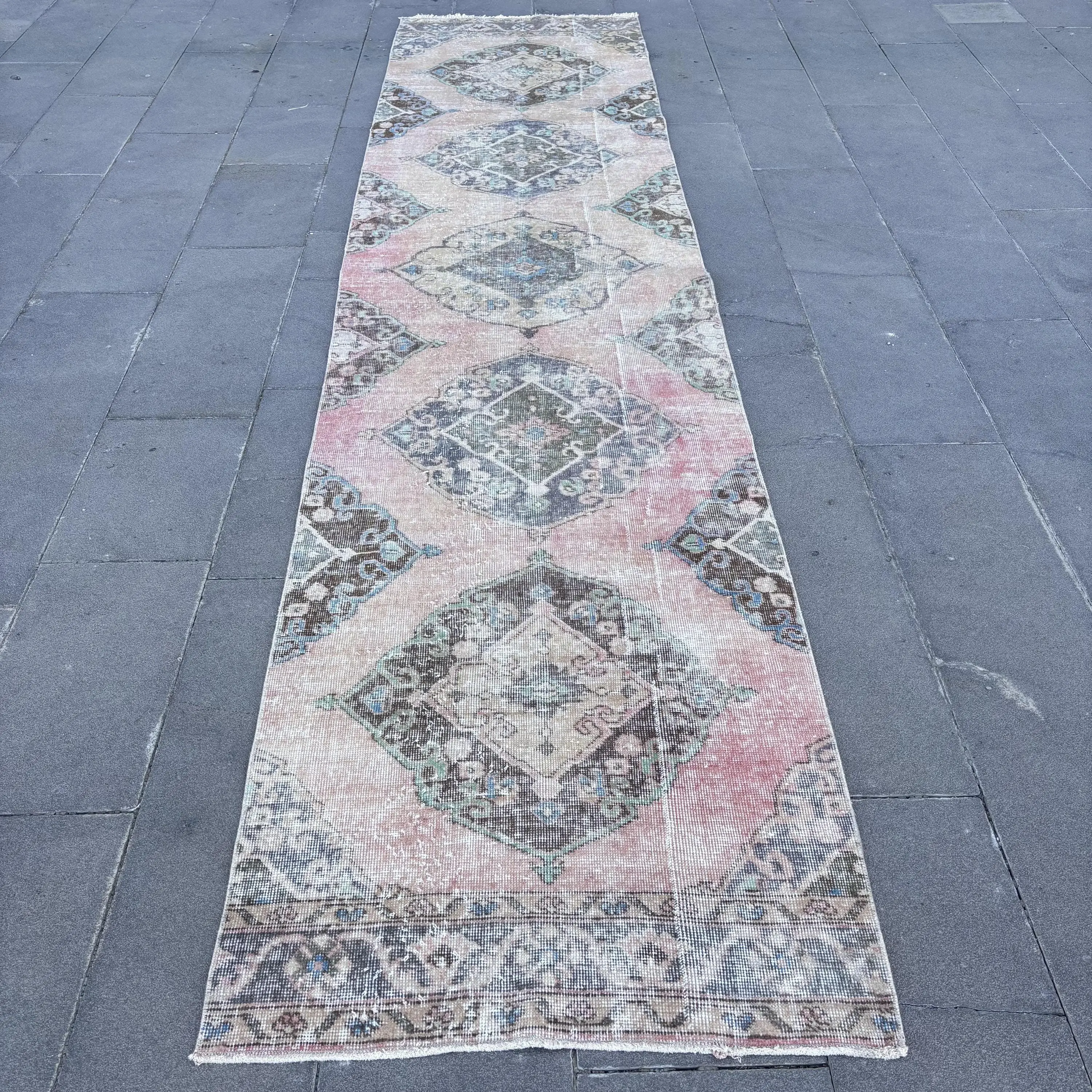 Turkish 2.8x12.4 ft Runner Rug, Vintage Rug, Pink Abstract Rug - 1