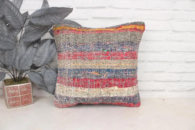 Gift Pillow, Boho Pillow, Pillow, Tribal Pillow, Kilim Pillow Cover, Outdoor Bolster Pillow, 16x16 Blue Cushion Case - 1