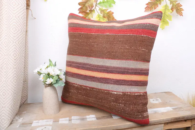 18x18 Brown Pillow Sham, Ethnical Kilim Rug Pillow, Throw Kilim Pillow, Vintage Kilim Pillow, Cushion Cover, Handmade Rug Seat Cushion Case - 4