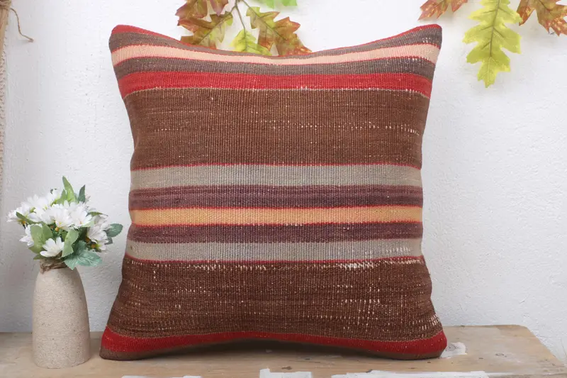 18x18 Brown Pillow Sham, Ethnical Kilim Rug Pillow, Throw Kilim Pillow, Vintage Kilim Pillow, Cushion Cover, Handmade Rug Seat Cushion Case - 2