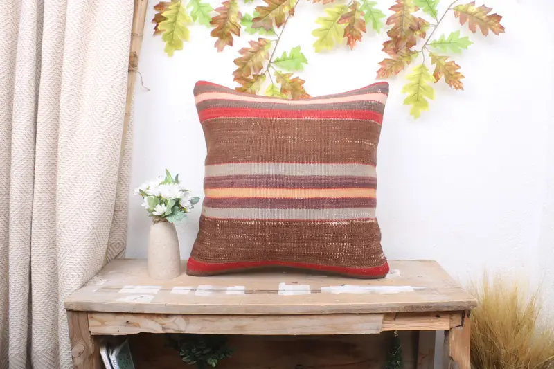 18x18 Brown Pillow Sham, Ethnical Kilim Rug Pillow, Throw Kilim Pillow, Vintage Kilim Pillow, Cushion Cover, Handmade Rug Seat Cushion Case - 1