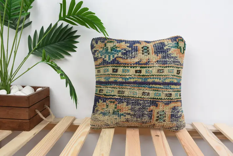 Cushion Cover, Kilim Pillow Cover, Boho Chic Pillow, 14x14 Blue Pillow Case, Home Decor Pillow, Turkish Kilim Pillow - 1