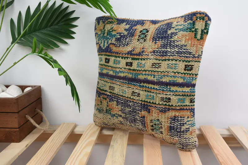Cushion Cover, Kilim Pillow Cover, Boho Chic Pillow, 14x14 Blue Pillow Case, Home Decor Pillow, Turkish Kilim Pillow - 5