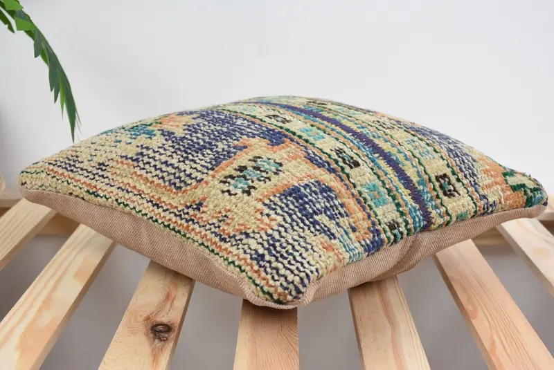 Cushion Cover, Kilim Pillow Cover, Boho Chic Pillow, 14x14 Blue Pillow Case, Home Decor Pillow, Turkish Kilim Pillow - 6
