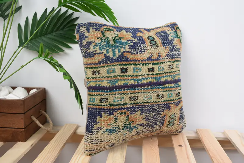 Cushion Cover, Kilim Pillow Cover, Boho Chic Pillow, 14x14 Blue Pillow Case, Home Decor Pillow, Turkish Kilim Pillow - 4