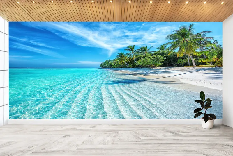 Zarif Tropikal Plaj Manzarası Baskılı Duvar Kağıdı - Okyanus Manzaralı