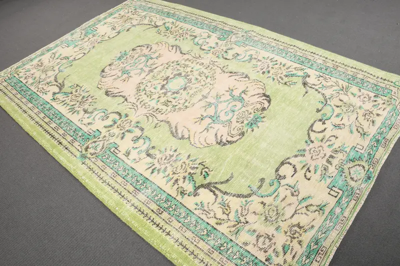 Turkish Large Rug 5.4x8.2 ft, Green Moroccan Vintage Wool Rug - 1