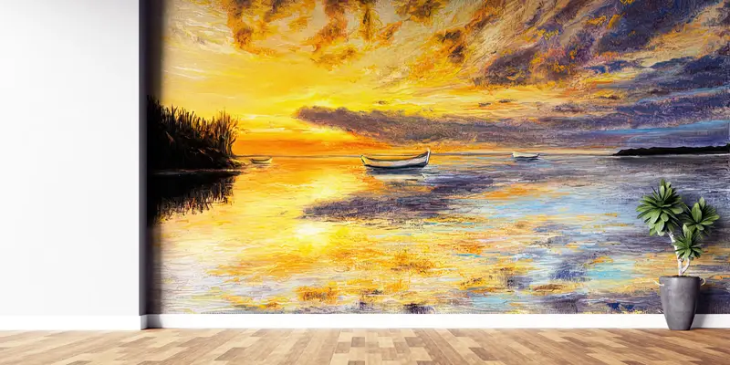 Zarif Deniz Manzaralı Baskılı Duvar Kağıdı: Gün Batımı ve Tekne Manzarası