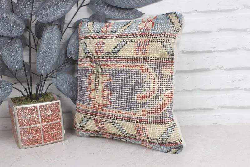 Pillow Sham, Turkish Pillow, Boho Pillow Sham Cover, Pastel Pillow Sham, 12x12 Blue Pillow, Bolster Throw Pillow, Antique Pillows - 3