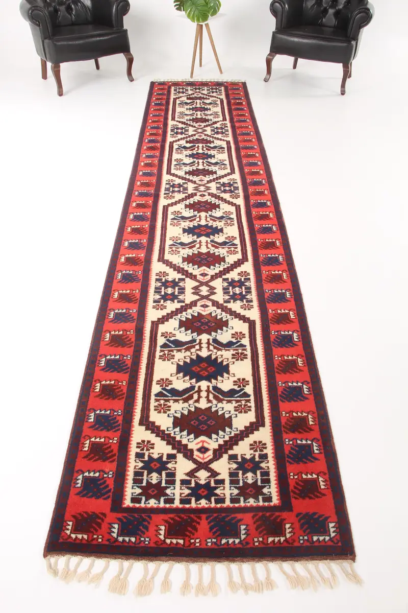 Turkish Vintage Oushak Rug 2.7x13.2 ft (83x403 cm), Red Plants & trees Wool Rug - 1