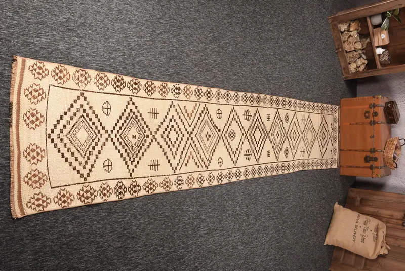 2.5x13.1 ft Turkish Vintage Rug, Runner Rug, Herki Beige Wool Rug - 1