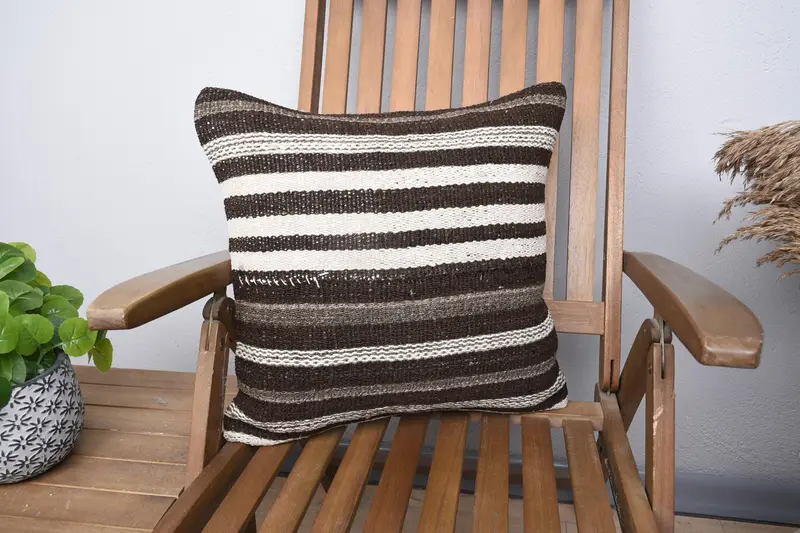 Decorative Cushion, Ethnical Kilim Rug Pillow, 18x18 Brown Cushion, Vintage Kilim Throw Pillow, Handmade Kilim Cushion, Pillow Cover - 1