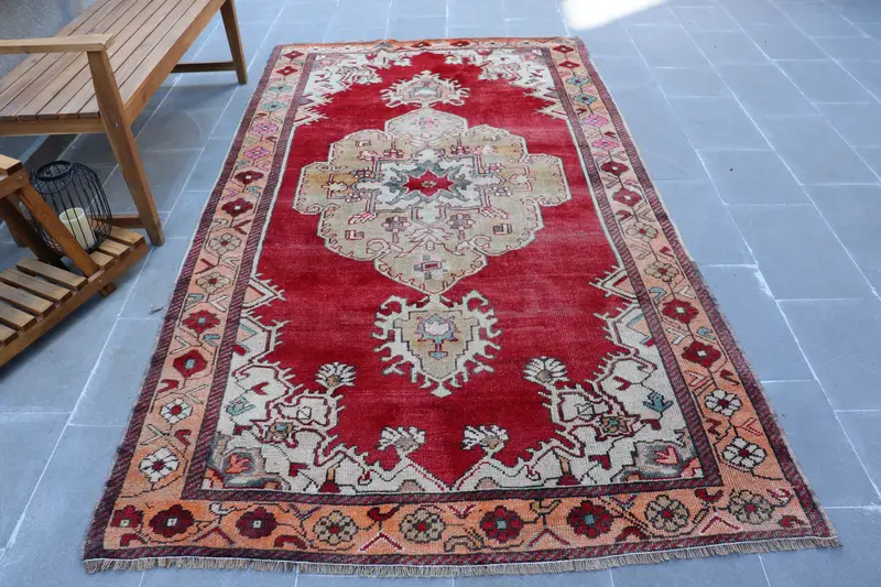 Vintage Oushak Large Rug 5x8.9 ft (152x272 cm), Turkish Red Floral Rug - 1
