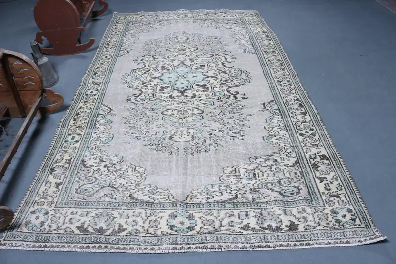 Alfombra vintage de 5,9x10,2 pies, alfombra grande turca, alfombra ombré azul gris - 1