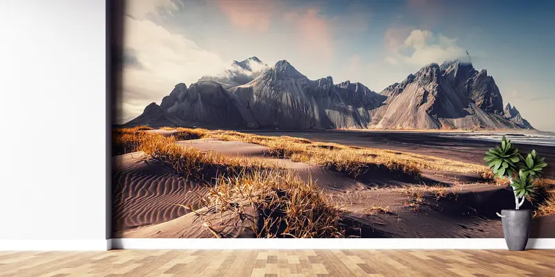 View Mural,Modern Wall Paper,Vestrahorn Wall Print,3d Wall Paper,Bright Wall Paper,Landscape Wall Painting,Iceland Wall Poster, - 1