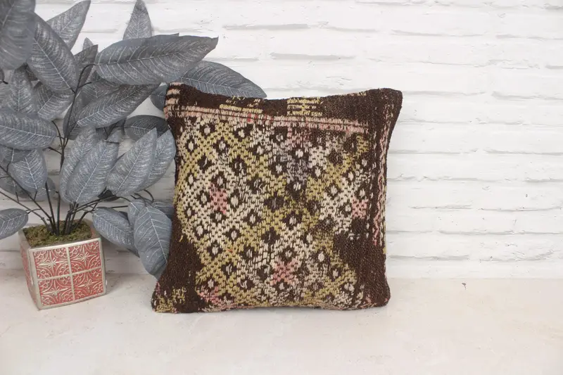 16x16 Brown Cushion, Pillow, Throw Kilim Pillow, Southwestern Cushion, Muted Pillow Sham, Kilim Cushion Sham, Kilim Pillow Cover - 1