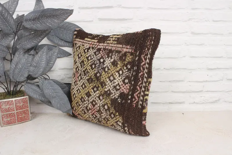 16x16 Brown Cushion, Pillow, Throw Kilim Pillow, Southwestern Cushion, Muted Pillow Sham, Kilim Cushion Sham, Kilim Pillow Cover - 4