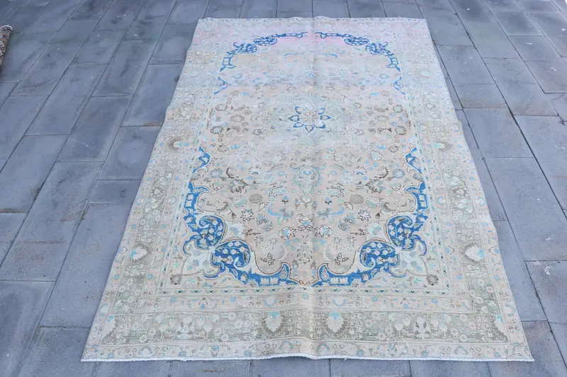 Turkish Vintage Rug 5.8x9.3 ft (176x283 cm), Oushak Blue Wool Rug - 1