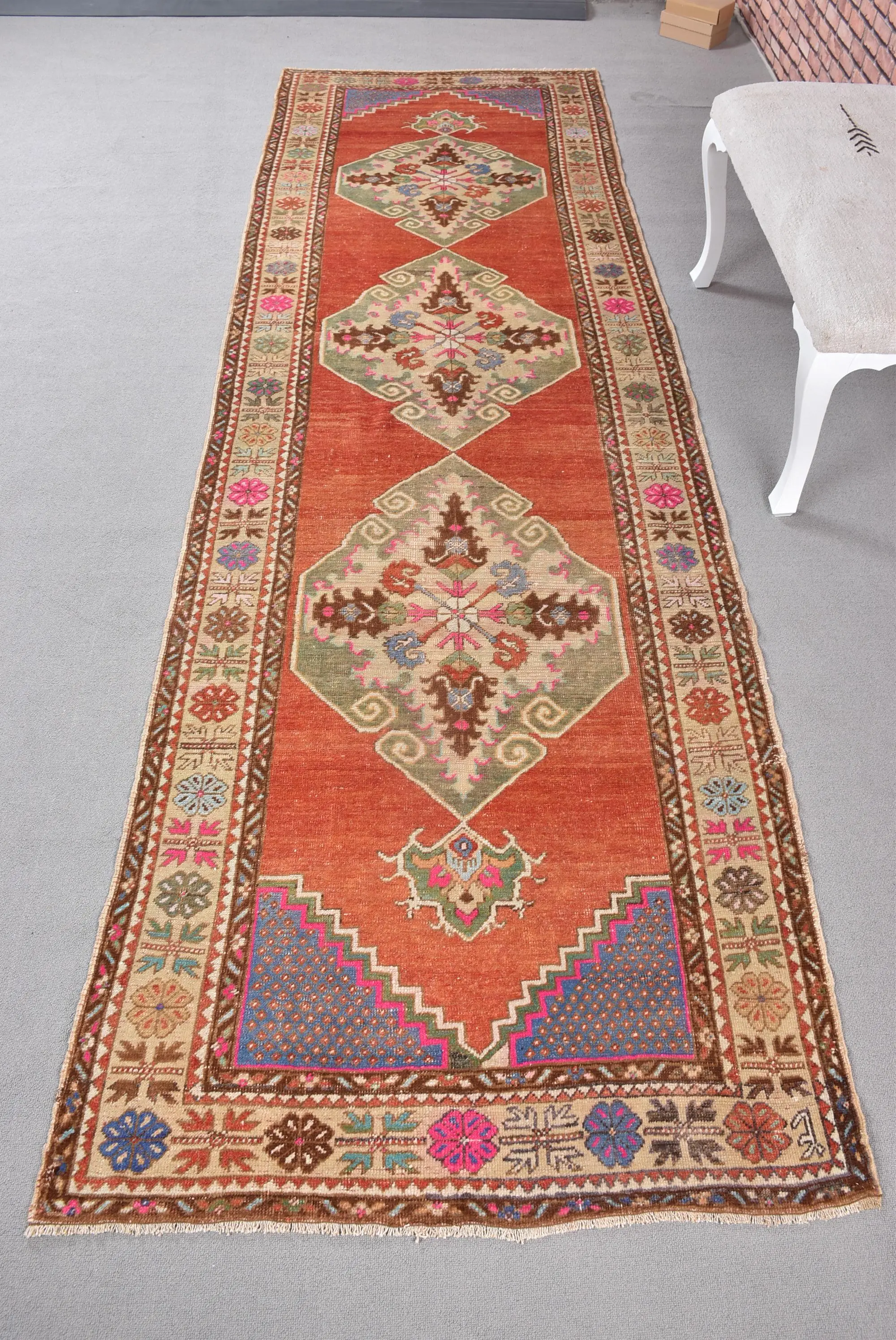 Vintage Turkish Runner Rug 3.4x11 ft, Red Blue Ombré Wool Rug - 1