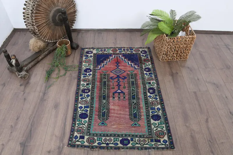 Alfombra Oushak vintage de 2,4x3,6 pies, alfombra turca, alfombra de lana maciza roja - 1