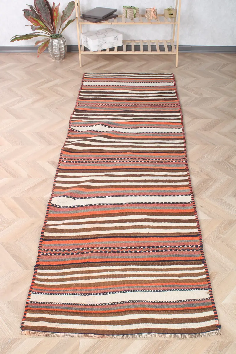 Vintage Yolluk Halısı 3x9,1 ft (92x276 cm), Kilim Kahverengi Soyut Türk Halısı - 1